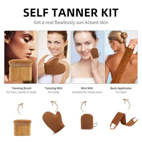 Image of FUNAN Self Tanning Applicator Kit with Tanning Glove for Self Tan Mitt, Back Lotion Applicator, Mini Mitt and Ultra Soft Self Tanner Brush Bamboo Kabuki Brush, Brown