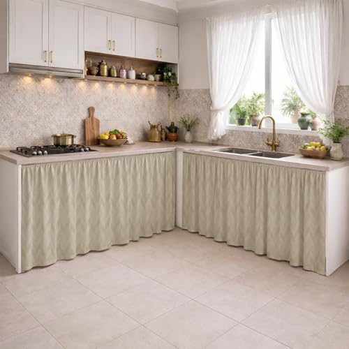Image of LINENWALAS Under Sink Curtain for Kitchen - Pack of 2 | Herringbone Embossed Design Polyester Under-Sink Cover | Storage-Hiding Curtain with Rod Pocket | Kitchen & Bathroom (132x71 CM, Beige)