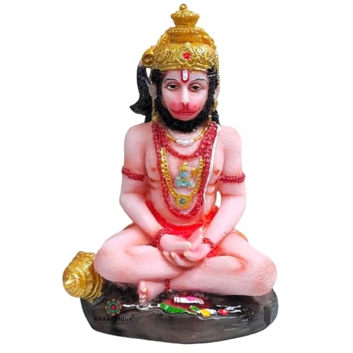 Image of Marble Dhyan Mudra Hanuman Ji Statue 5.5 Inch, Meditating Lord Hanuman Idol, Multicolor Glossy Finish for Home Temple & Decor
