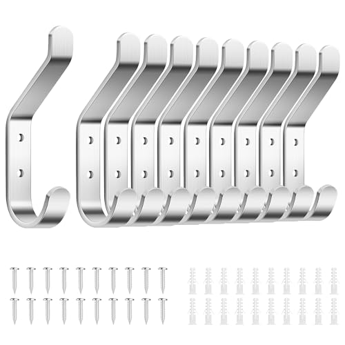 susswiff 10-Stück Garderobenhaken, Kleiderhaken zum Schrauben, Haken für Akustikpaneele, Schlafzimmer, Wohnzimmer, Badezimmer, Wandhaken für Garderobe, Jacken, Hut, Metall, Gebürstetes Silber, 10CM