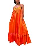 Women's Sexy Spaghetti Strap Sleeveless Ruched Ruffle Hem Bandage Oversized Beach Loose Long Maxi Swing Dress Orange M