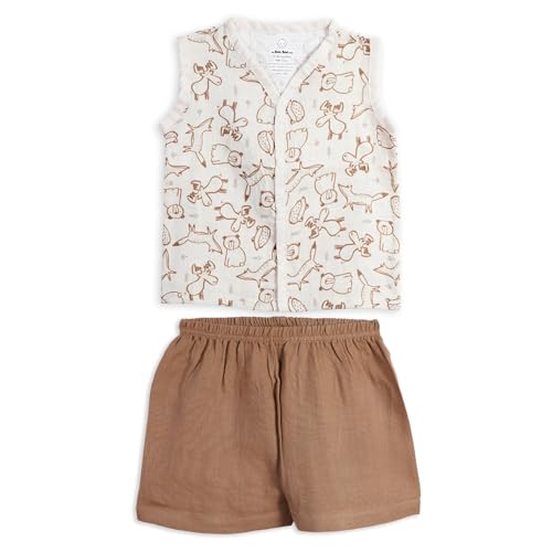 Image of The Boo Boo Club Muslin Jhabla and Short Set GOTS Certified Organic Cotton | Short Sleeve Snap Button Vest | Summer Wear Set | Printed Jhabla with shorts