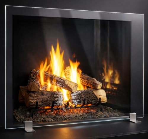 Image of AMS Fireplace | Manhattan Modern Freestanding Frameless Clear Glass Fireplace Screen with Polished Metal Stainless Steel Feet Base (Large Size: 46 inch W X 32 inch H)