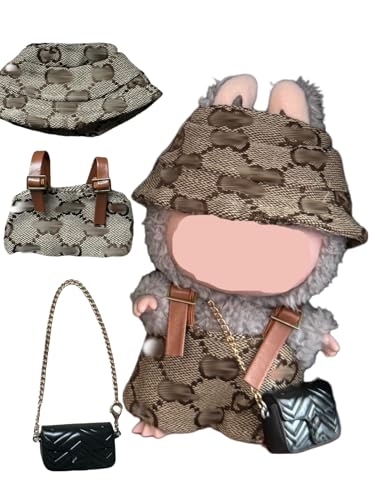 17cm Doll Clothes for lububu ，Clothes Suitable for lububu Dolls Outfits and Accessories Set，Including cl othes + hat + Bag - Brown Doll Clothing Set，Doll not Included (Coffee)