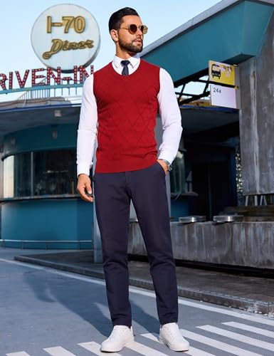 Sykooria Herren Strickweste Ärmellos Pullunder Leicht V-Ausschnitt Slim Fit Business Golf Weste Frühling Herbst Männer Strickwaren, 3-Weinrot S
