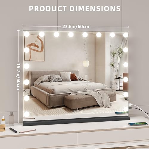Image of Vanity Mirror with Lights,Makeup Mirror with 17 Dimmable LED Bulbs, 3 Color Lighting Modes Detachable 10X Magnification Mirror Touch Control, 23.6X19,7 inch, Black