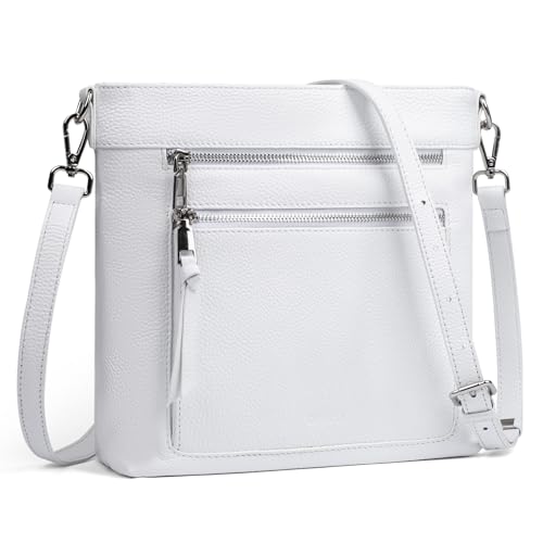 befen Genuine Leather White Crossbody Bags for Women, Woman Lightweight Medium Cross Body Shoulder Travel Purses Handbags
