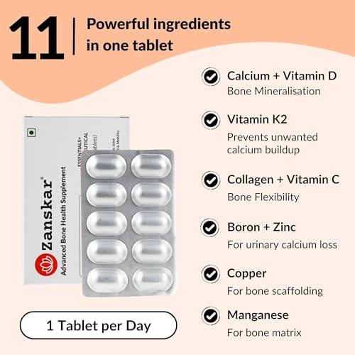 Image of Zanskar Advanced Bone Health Tablet (30 Tablets) | Calcium, Vitamin D3, Vitamin K2, Collagen, Magnesium & Zinc (1200mg) | 100% Veg | Bone Health and Joint Support