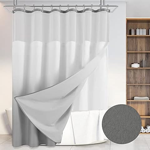 Ombre Linen Textured Shower Curtain with Snap-in Fabric Liner Set, 12 Hooks Included - Hotel Style, Waterproof & Washable, Heavyweight Fabric & Mesh Top Window - 72x72, Grey Cover