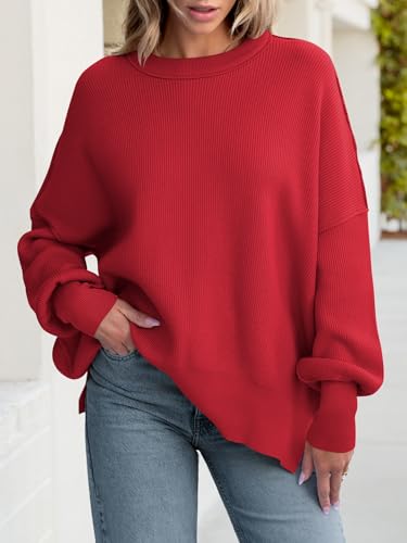 Image of ANRABESS Women Oversized Sweaters Batwing Long Sleeve 2026 Fall Outfits Crewneck Casual Knit Side Slit Fashion Pullover Top