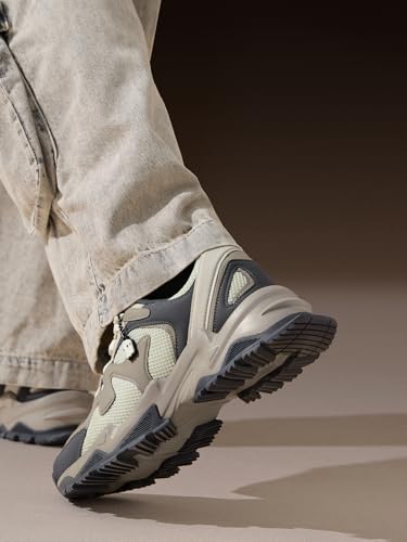 Image of The Souled Store Fumes NX: Sage Men and Boys Low Top Sneakers Green and Off White Streetwear Chunky Trainer Breathable Mesh Cushioned Midsole Durable Sole Lace Up Lightweight Padded Collar