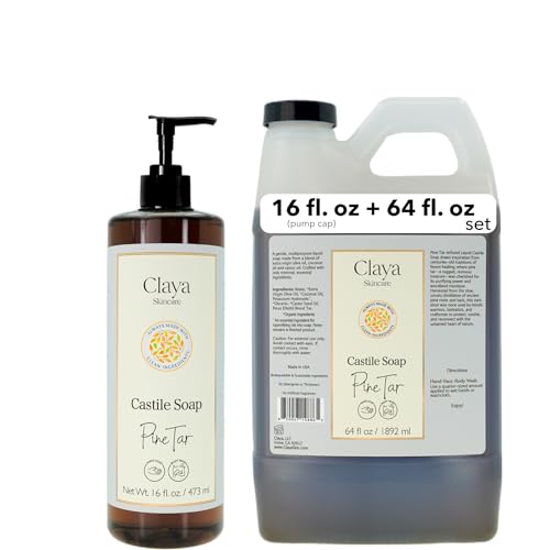 Image of Claya Pine Tar Liquid Castile Soap Organic Ingredients, Biodegradable, Gentle for Sensitive Skin and Versatile Use (16 fl oz Pump Cap and 64 fl oz)