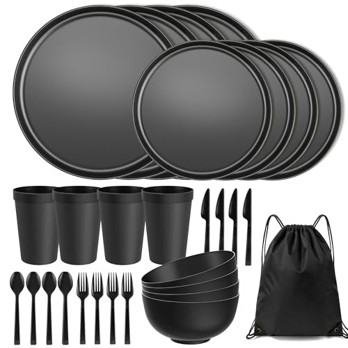 Plates and Bowls Sets for 4 with Cutlery 28 Piece Unbreakable Plastic Dinnerware Set BPA-Free Dish Set for Apartment Dorms Camping RV Kitchen Essentials