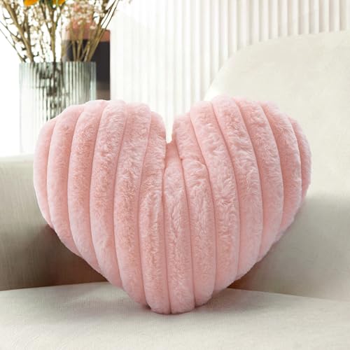 16 Inch Pink Heart Pillow Decorative Throw Pillows, Heart Shaped Soft Fluffy Faux Fur...