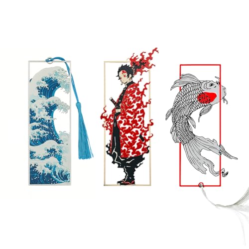 Image of Set of 3 Premium Bookmarks | Great Wave Hokusai Art Inspired, Anime Inspired & Koi Fish | Elegant Frame with Tassel | Perfect Gift for Readers & Collectors | Eco-Friendly Bioplastic (Combo Set of 3)