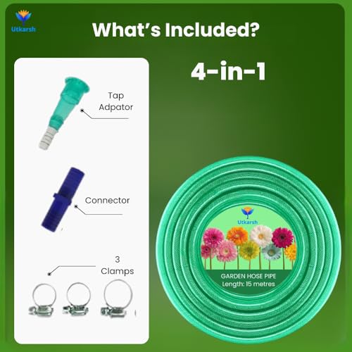 Image of Utkarsh Heavy Duty PVC Braided Water Hose Pipe - 15 Meter / 0.5 inch, with 1 Tap Adapter, Connector & 3 Clamps for Garden, Car Wash, Floor Clean, Pet Bath, Easy to Use Indoor /Outdoor (49.2 feet)