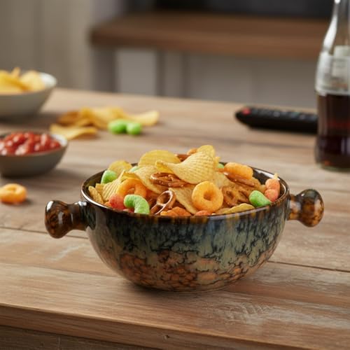 Image of Beyond Homes Ceramic Snack Bowl with Handle, 18 cm | Microwave & Dishwasher Safe Ceramic Serving Bowl for Pasta, Soup, Snacks | Matte Finish, Set of 1 (Abstract Brown, 500 ml)