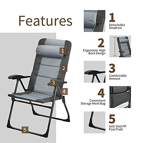 Giantex Set Of 2 Patio Dining Chairs With Footstools, Folding Recliner Chairs With 7-Position Adjustable Backrest, Headrest, Mesh Bag, Outdoor Portable Lounge Chairs For Poolside Backyard, Grey #TOP6