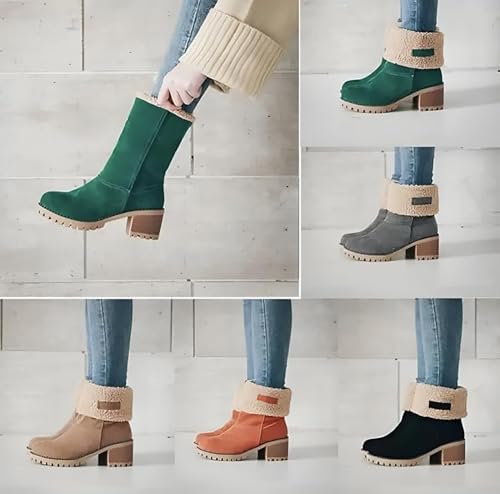 Outfany Boots, Outfany Seniors' Chunky Heel Winter Boots Comfortable Slip on Mid Chunky Heel Suede Vintage Ankle Boots2