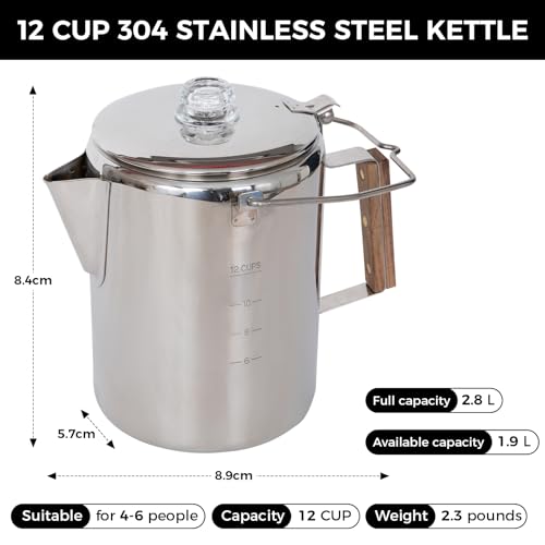 Image of KingCamp Percolator Coffee Pot,304 Stainless Steel,Large Capacity,12 Cup | No Aluminum or Plastic,Wood Handle,Campfire Coffee Boiler Kettle for Outdoor Camping Cookware,Cabin,Backpacking