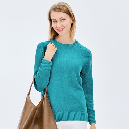 Image of Simple&Opulence Women's Chenille Sweater Crewneck Long Sleeve Pullover Ribbed Cuff Hem Round Neck Jumper Tops