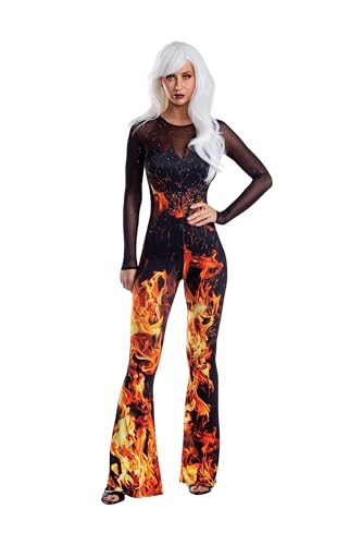 Dreamgirl Flame Jumpsuit with Mesh Neckline Womens Costume Fiery Halloween Outfit Multicolor