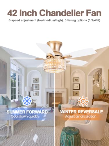 Image of 42 inch Flush Mount Low Profile Gold Crystal Chandelier Fan with Light