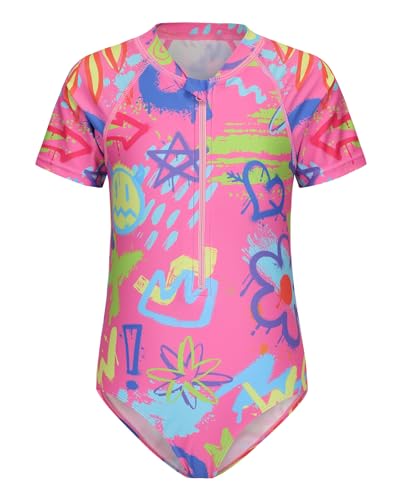 Image of Girls One Piece Swimsuits Short Sleeve Rash Guard for Girl Hawaiian Bathing Suit with Sun Protection Beachwear