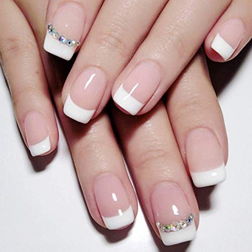 Outyua French Crystal Press on Nails Glossy Square Long Fake Nails Acrylic Full Cover False Nails Tips Party Prom for Women and Girls 24pcs