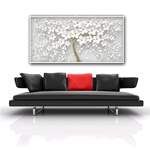 Tableau arbre à fleurs blanches grand format 200x100 cm sur toile salon