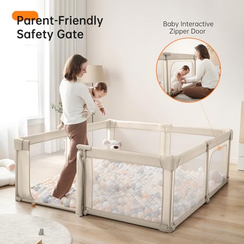 Image of Foldable Baby Playpen,Portable Indoor & Outdoor Playpen for Babies and Toddlers,71 inchx79 inchExtra Large Play Pen with Gate,Collapsible Baby Fence with Travel Bag(Light Khaki)