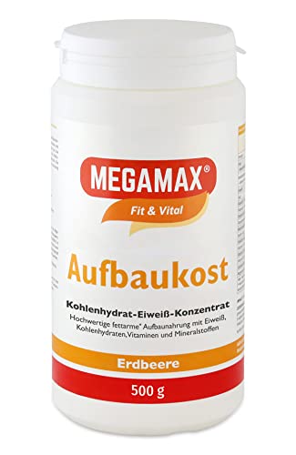 Megamax Aufbaukost Erdbeere 500g- Mit Proteinpulver als Trinknahrung hochkalorisch für Gewichtszunahme - Zum einen fettarmen Kalorien Shake für Muskelmasse u. zum Gewicht zunehmen bei Untergewicht