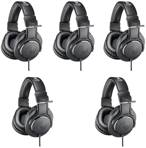 Audio-Technica 5 Pack ATH-M20x Professional Monitor Headphones, 96dB, 15-20kHz, Black - with Microfiber Cloth