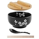 Yeking Japanese Vintage Noodle Bowl with Lid Spoon Black Ceramic Ramen Bowl Hand Drawn Rice Bowl...