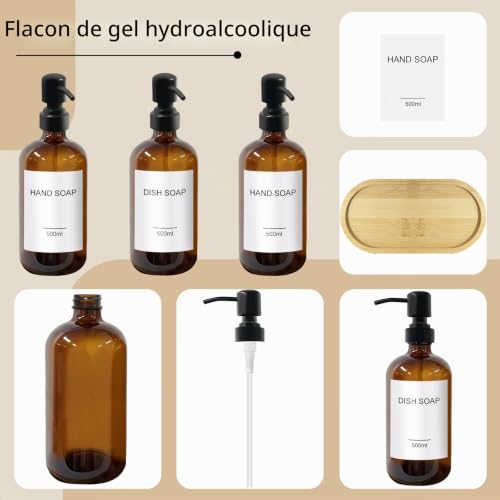 La Llareta Lot De 2 Distributeurs De Savon en Verre Ambré 500 ML, Distributeur Liquide Vaisselle, avec Pompe INOX 304, Plateau Bois Et 2*Étiquettes, pour La Cuisine, La Salle De Bain – vue 2