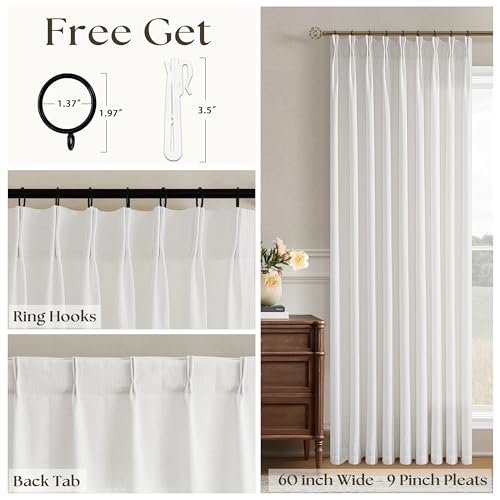 Image of 60 Inch Width Curtains 90 Inches Long Linen Curtains Pinch Pleated Beige | 90 Inch Length, Living Room Bedroom, Semi Sheer, Back Tab, Hooks Rings, Pinch Pleat, Patio Glass Door, 1 Panel, White