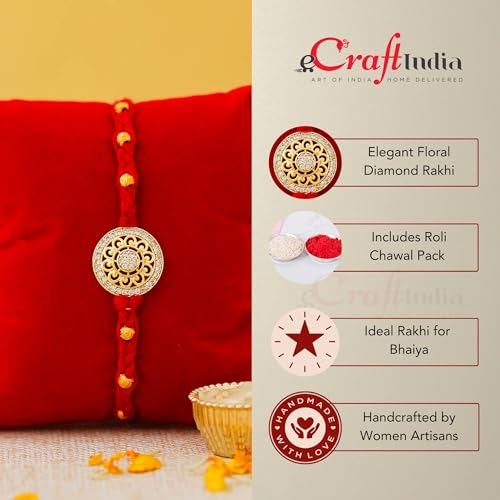 Image of eCraftIndia Floral Diamond Rakhi with Roli Chawal Pack | Rakhi for Brother Bhaiya Bhai