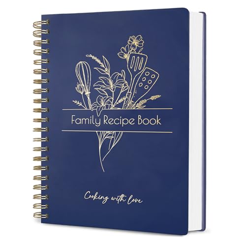 Recipe Book to Write in Your Own Recipes - Spiral Blank Cookbook 150 Pages Holds 144 Recipes - Elegant Waterproof Cover Big Recipe Journal - Easy to Use Layout (A5 (6.0x8.5 Inch)) (Deep blue)