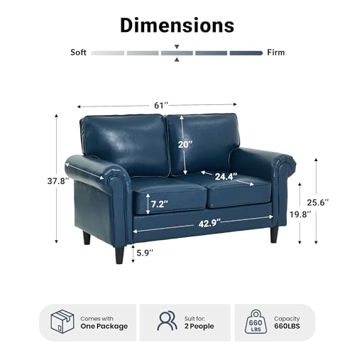 Image of Kingfun Loveseat 2 Seater Couch, Mid Century Modern Faux Leather Sofa with Rolled Arms and Deep Seats, Fluffy Comfort for Living Room, Apartment, Easy Assembly, Blue