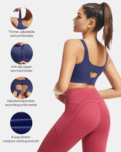 Image of High Impact Sports Bras for Women Adjustable Zip Front Full Coverage and Lift Padded Compression Bra (Large, Navy New)