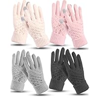 4 Pairs Women Winter Touch Screen Gloves,Warm Fleece Lined Knit Gloves Elastic Cuff Winter Texting Gloves (Black,Grey,Pink,Beige, One Size)
