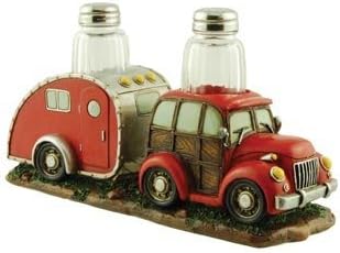 Salt & Pepper Set, Woody Vintage Car with RV Camper Trailer, 9-inch, Collectible Kitchen Decor