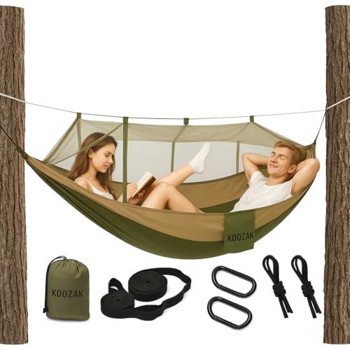 ZOLTA Hängematte zum Aufhängen mit Moskitonetz - mit Beutel und Karabinerhaken - für 2 Personen 260 x 140 cm - Belastbarkeit bis 180 kg für Terrasse Balkon Garten Outdoor Camping Survival