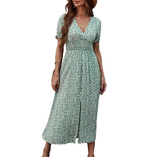 BROVAVE Womens Summer Casual Boho Ditsy Short Sleeve Floral Print V Neck Flowy Maxi Dress with Slit(108 Green,m)