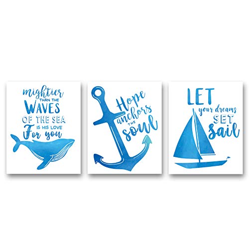 XUN Watercolor Nautical Inspirational Quote Art Print- Whale Anchor Sailboat Canvas Wall Art-(8”X10”X3 Pieces, Unframed)-Perfect for Bathroom Bedroom Decoration