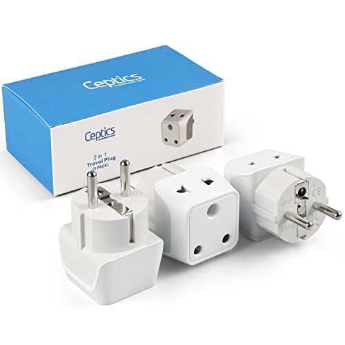 Image of Ceptics Europe Travel Adapter, 2 in 1 India to Europe, Germany, France Schuko Adapter - Type E /F European Plug Adapter for Laptops, Phones, Chargers, CE - RoHS - 3 Pack