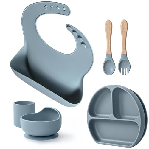 Image of Willbetter Baby Suction Plates and Bowls Set - 100% Food Grade Silicone Toddler Feeding Supplies for BLW | Stay-Put Divided Dish | Includes Bonus Bib, Cup & Soft Spoon/Fork (6-Piece)