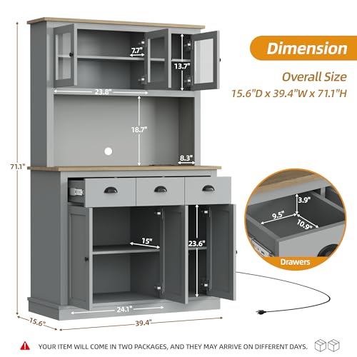 Image of 71 inch Kitchen Hutch with Charging Station Grey
