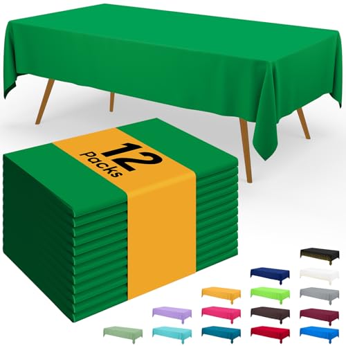 Image of Smiry Disposable Table Cloth - 12 Pack, 54 x 108 Inch Waterproof Rectangle Tablecloths for Parties, Decorative Plastic Table Cover, Leakproof & Sturdy, Green
