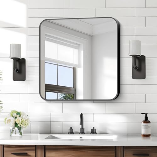KOCUUY Square Bathroom Mirror 24x24 Black Rectangle Vanity Mirror Black Metal Frame Mirror with Rounded Corner for Bathroom Bedroom Living Room Entryway